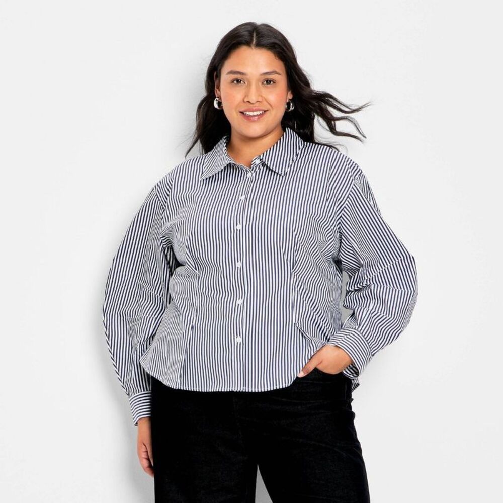 Women's Barrel Long Sleeve Collared Button-Down Shirt - Blue Striped XXL